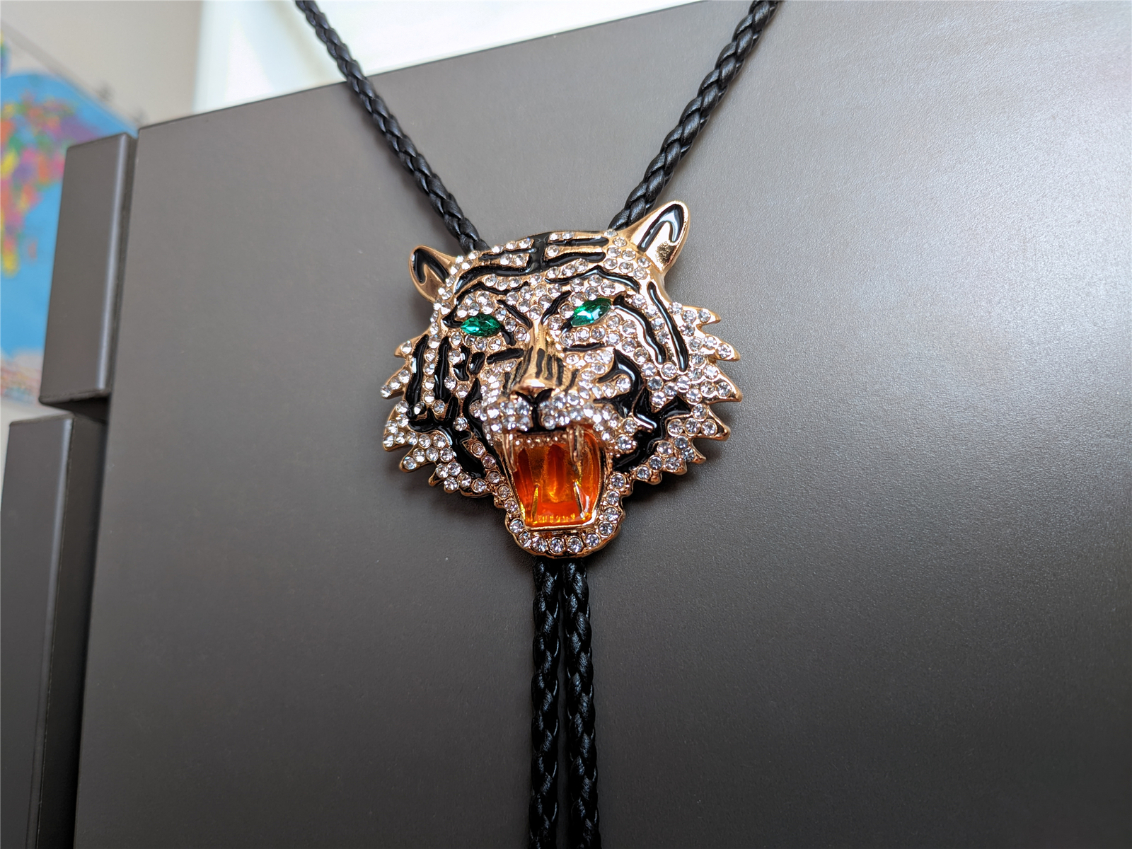 Rhinestone Gold Tiger Head Bola Bolo Tie Wedding Necklace Western Cowboy Necktie