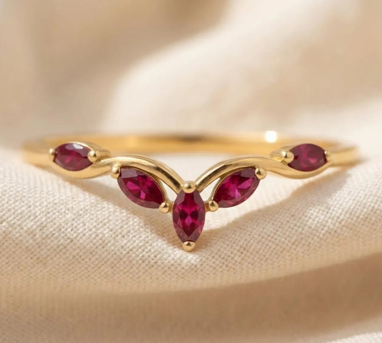 Lab Created Ruby Cluster Band V-Shaped Ring 925 Sterling Silver Gold Plated Ring