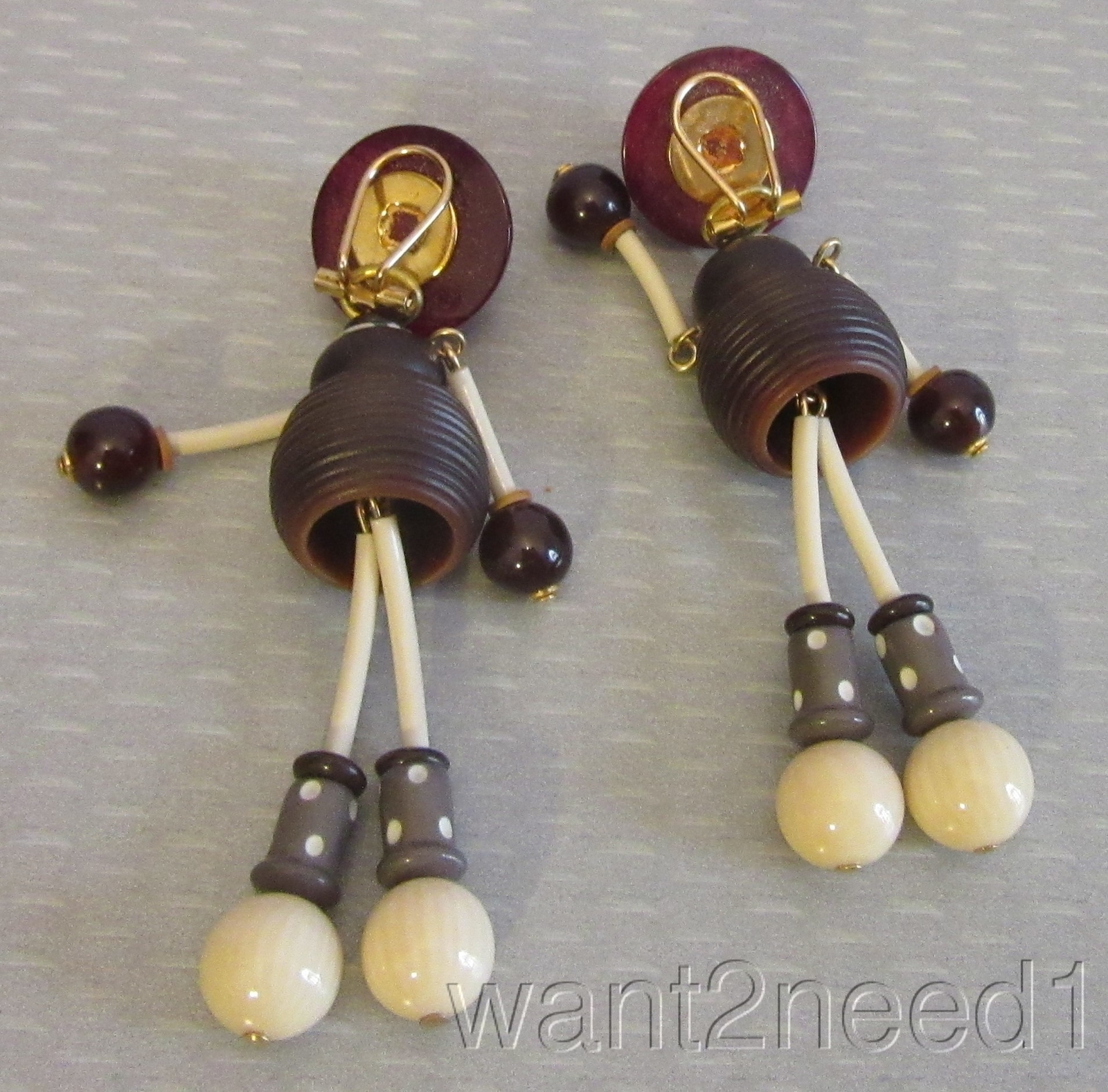 vintage French Celluloid Plastic Beaded Brown Girl Dangly Clip Paris Earrings 3″