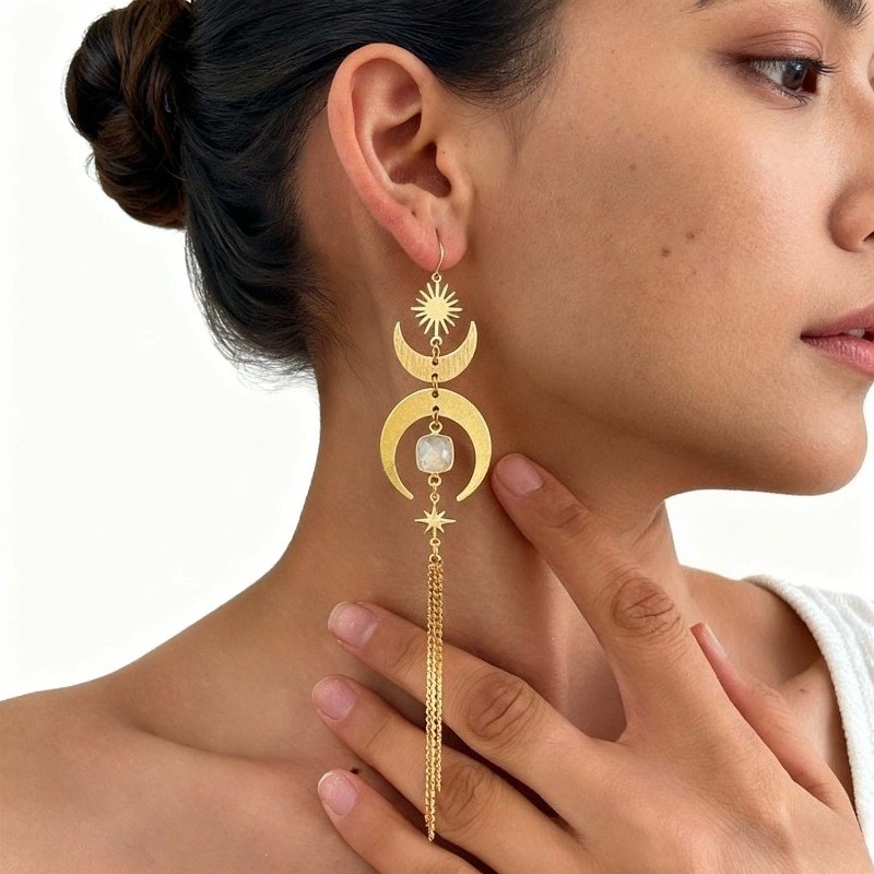 Women’s New Bohemian Sun Moon Tassel Alloy Earrings Synthetic Zircon Eardrop