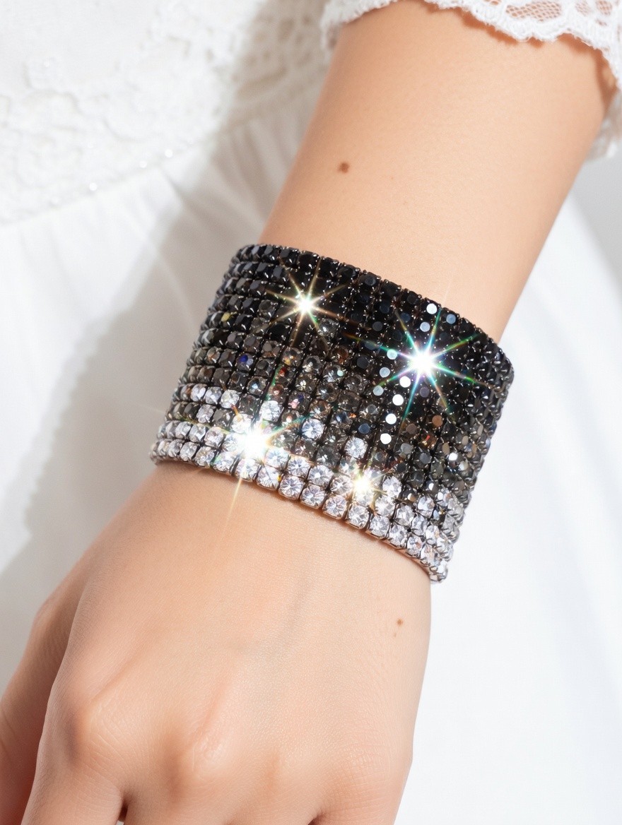 Black Rhinestone Stretch Bracelet Statement Pageant Drag Queen Jewelry Prom