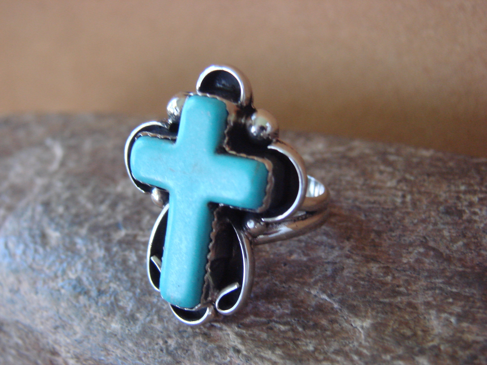 Native American Nickle Silver Turquoise Cross Ring Size 8 by Phoebe Tolta