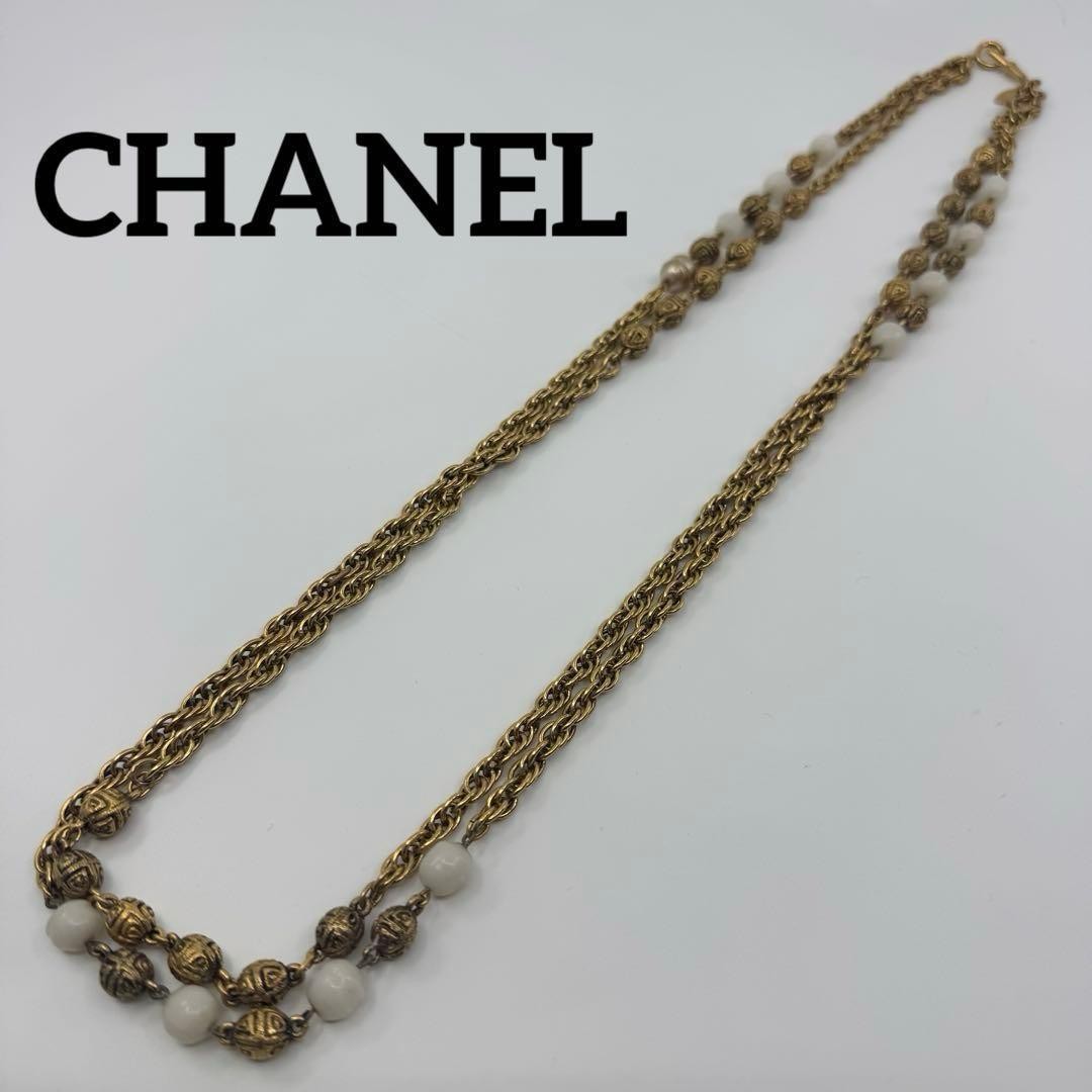 CHANEL LONG NECKLACE PEARL cc Double Gold 180cm Pendant Beauty engraved Auth