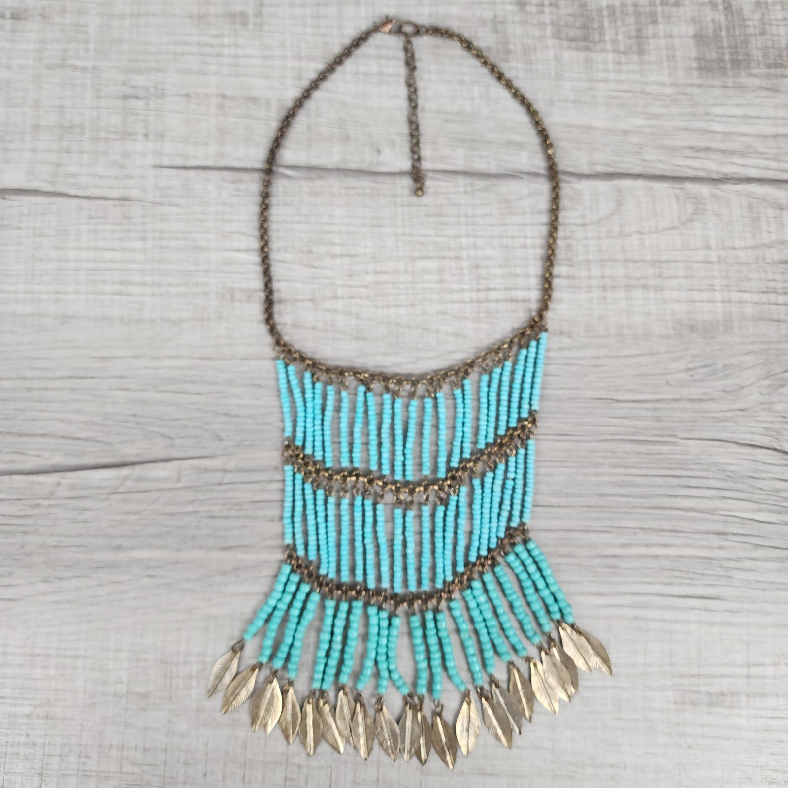 Vintage Turquoise Seed Bead Fringe Bib Necklace Leaves Charms Boho Tribal
