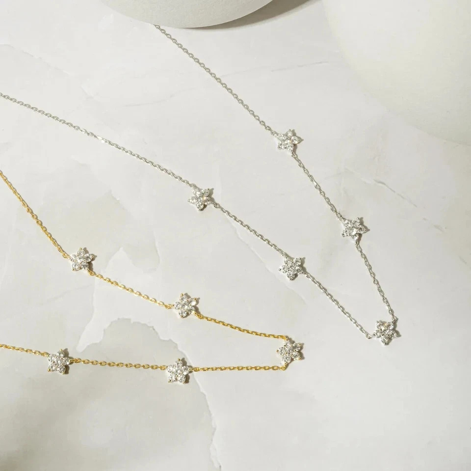 9k Solid Yellow Gold Round Cut Natural Diamond Flower Design Station Necklace