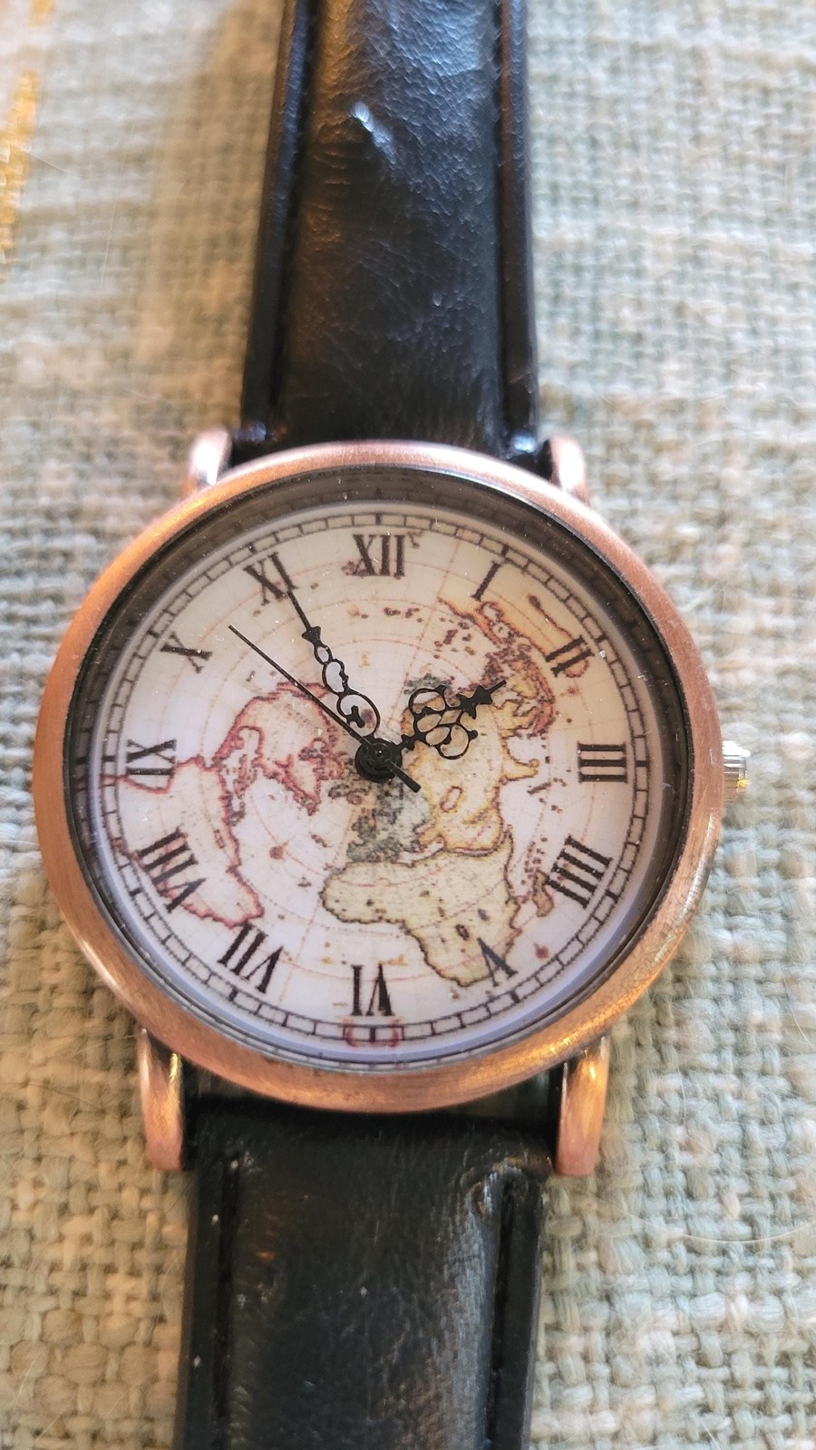 Vintage World Map Watch, Unisex, Black Leather Strap