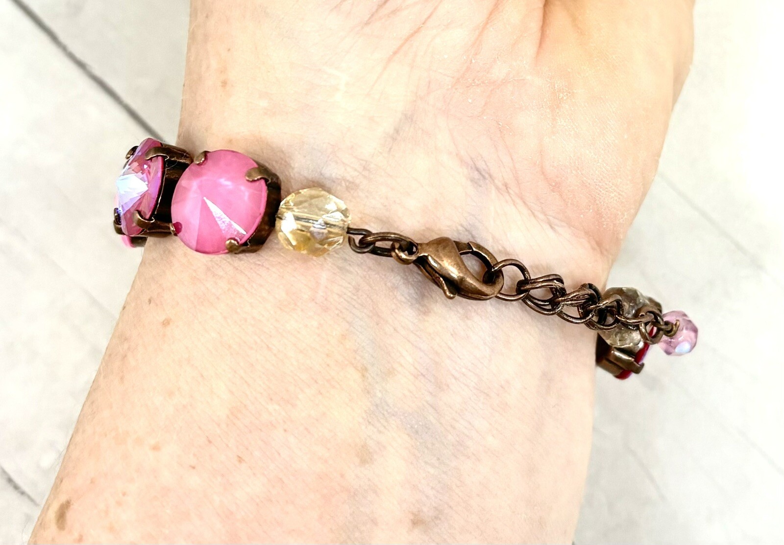 PINK Plaid Cup Chain Statement Bracelet made with Pink Austrian Crystals