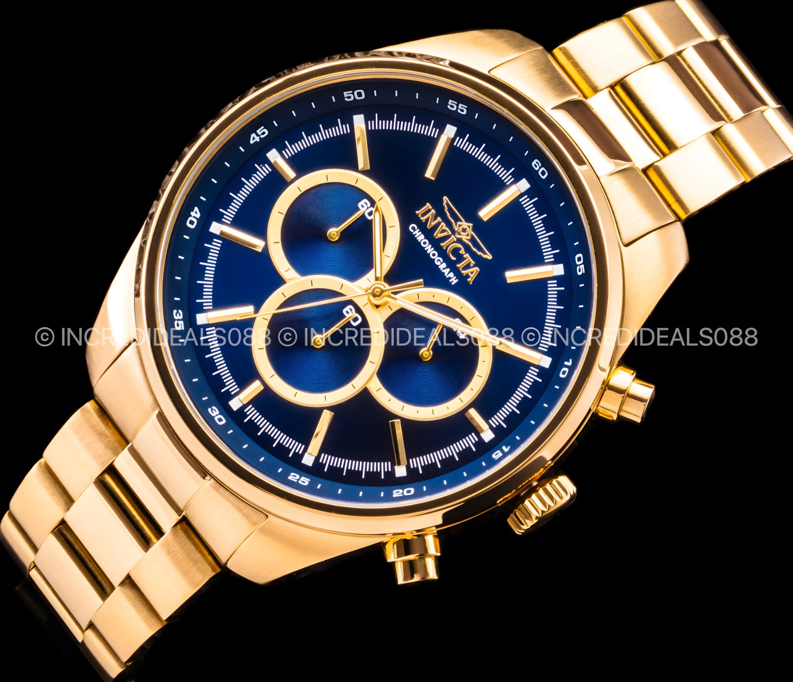 Invicta Mens SPECIALTY CHRONOGRAPH Blue 18K Gold Dial 48mm Bracelet Watch Reloj