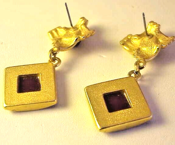 Vintage Pierced Earrings Gold Tone Maroonish Color Double Link Design No Caps