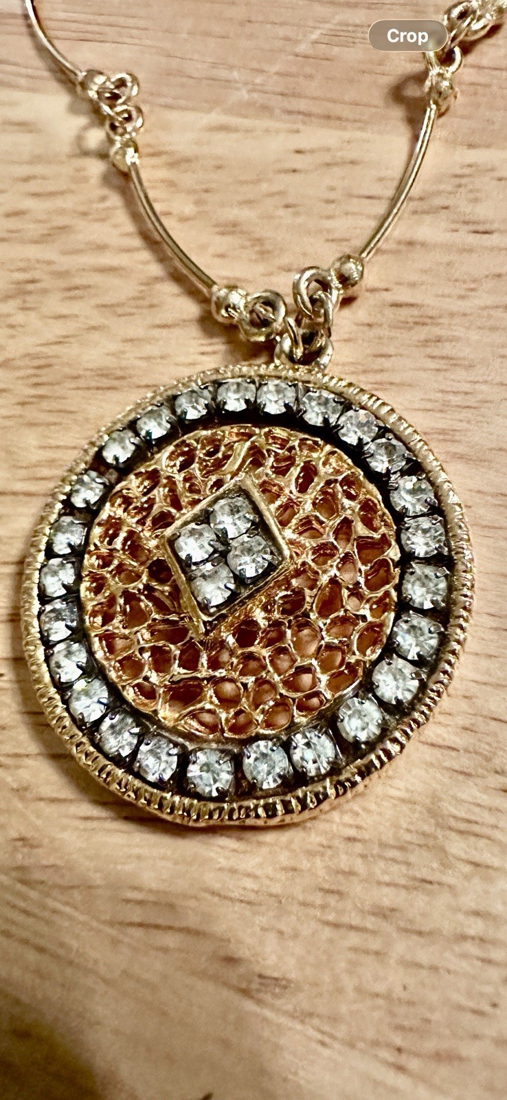 Vintage Gold Tone Filigree Medallion Pendant. Structured Chain. Rhinestones. #85