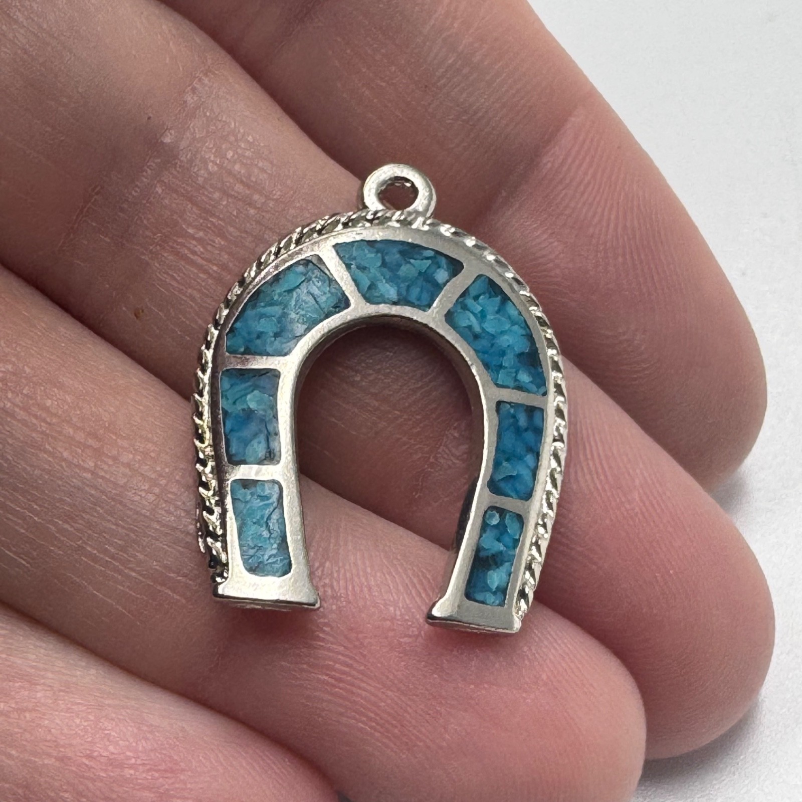 Vintage Horseshoe Pendant Silver Tone Turquoise Look Inlay Lucky Charm