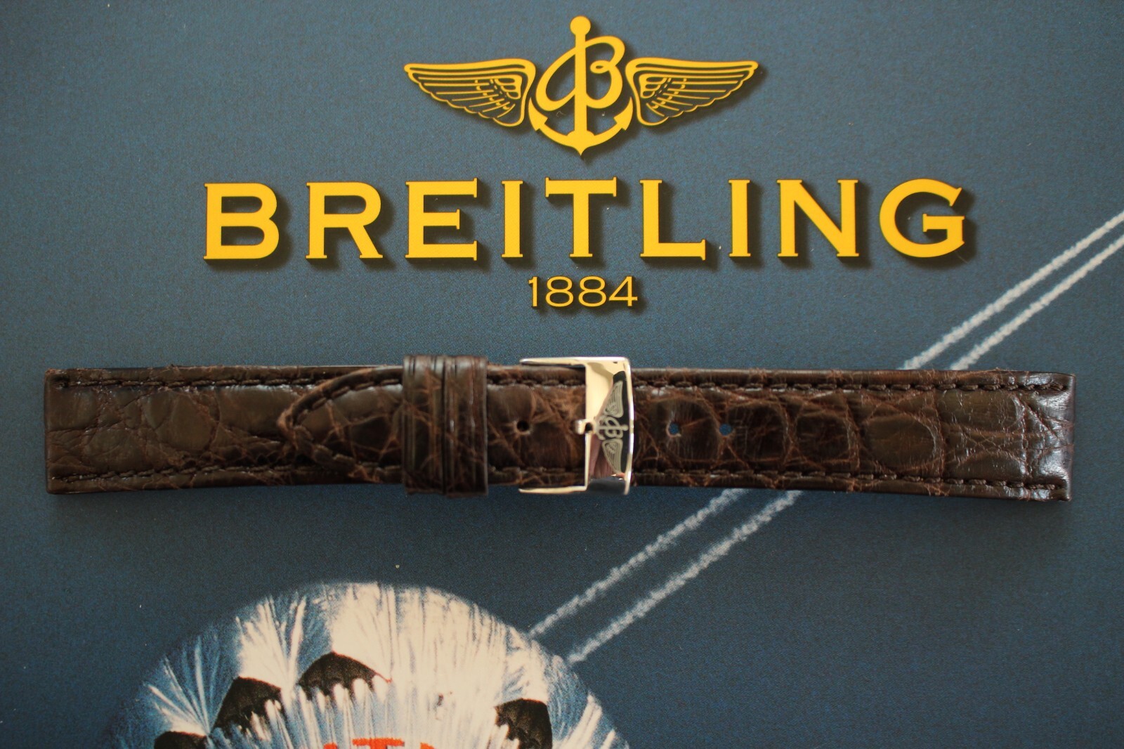 VINTAGE 18MM TONGUE BUCKLE BLACK CROCO WATCH BAND WATCHBAND STRAP FOR BREITLING