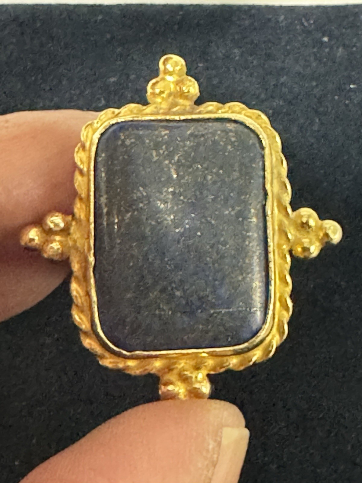 Gold Tone Statement Cocktail Ring Dark Stone Rectangular Cabochon Ornate