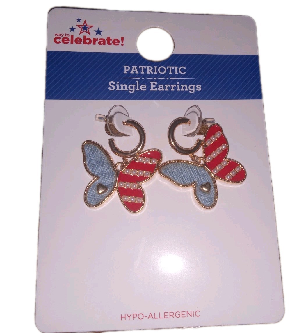 NWT Way To Celebrate Festive Patriotic Single Earrings Red White Blue Butterfly