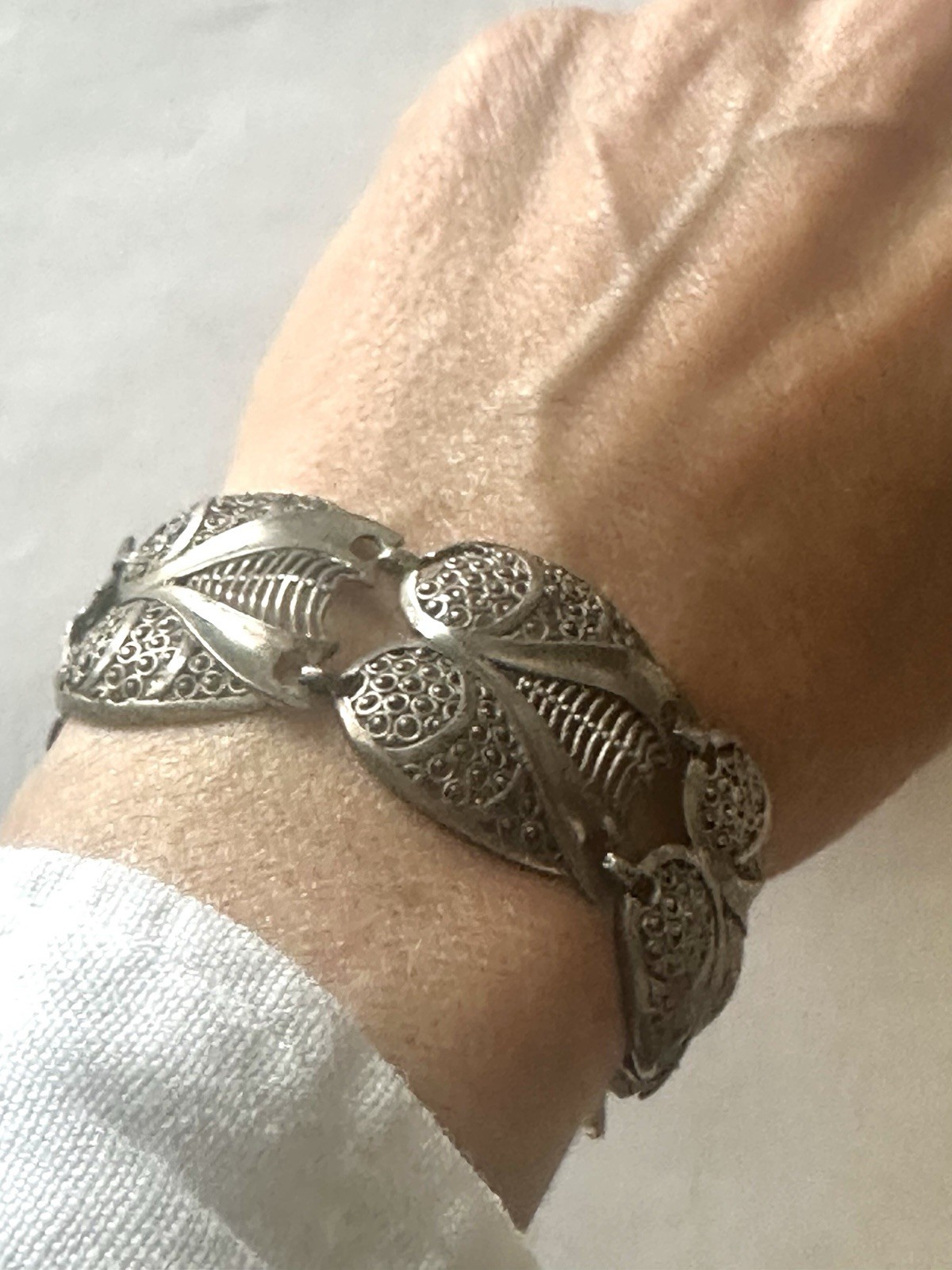 Vintage Floral Panel Link Bracelet Silver Tone Art Nouveau Style Box Clasp