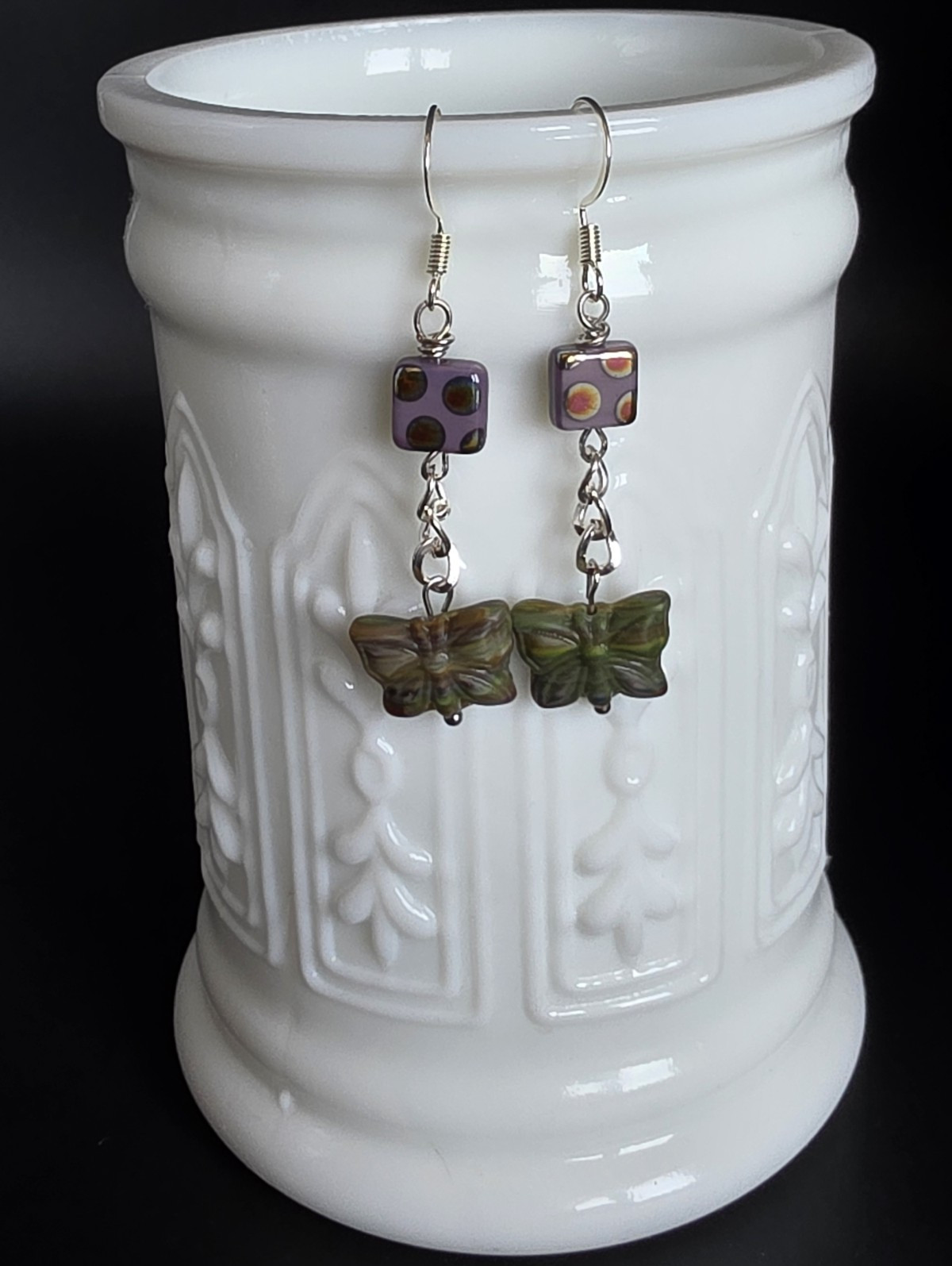 Czech Glass Butterfly Beaded Silver French Wire Earrings Handcrafted