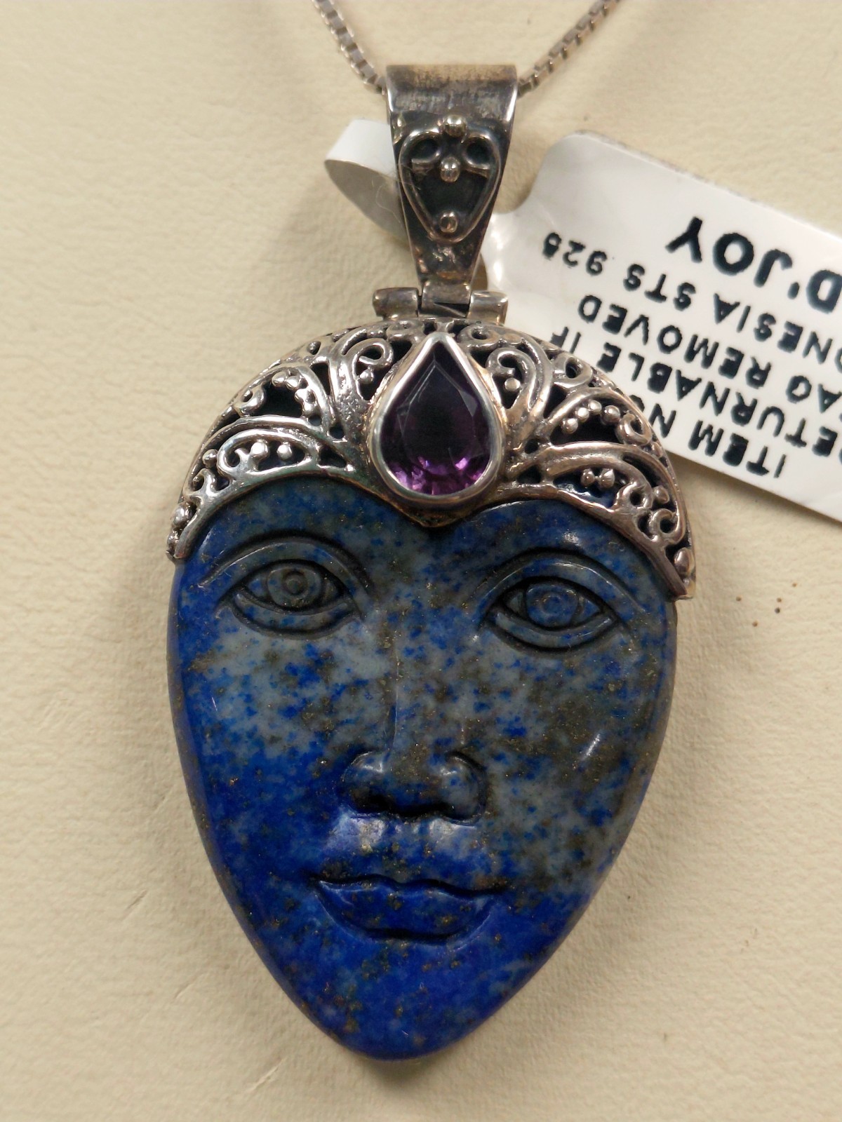 Sajen Sterling Silver Lapis Lazuli Carved Godess Face Pendant 2″ Long New NWT
