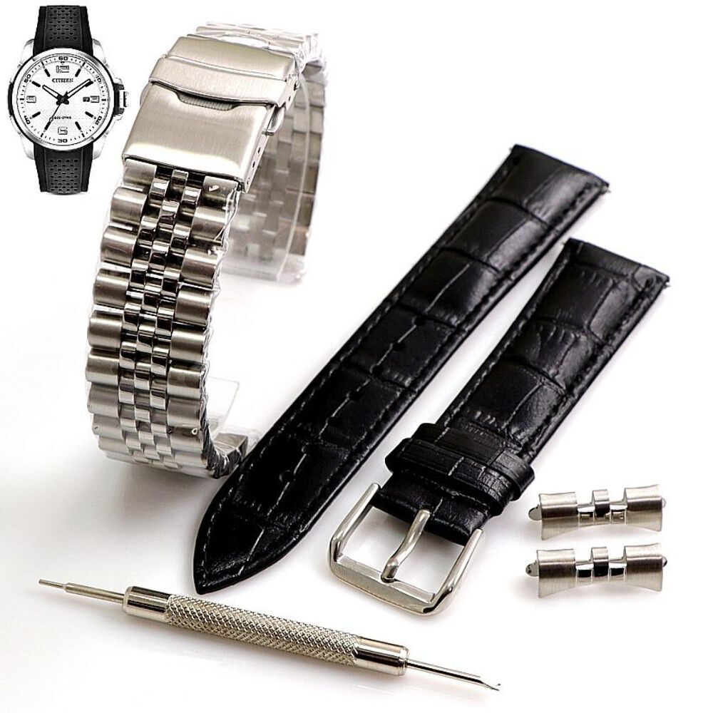 Steel and Leather Replacement Watch Band Fits Citizen AW1150-07A J810-S082781