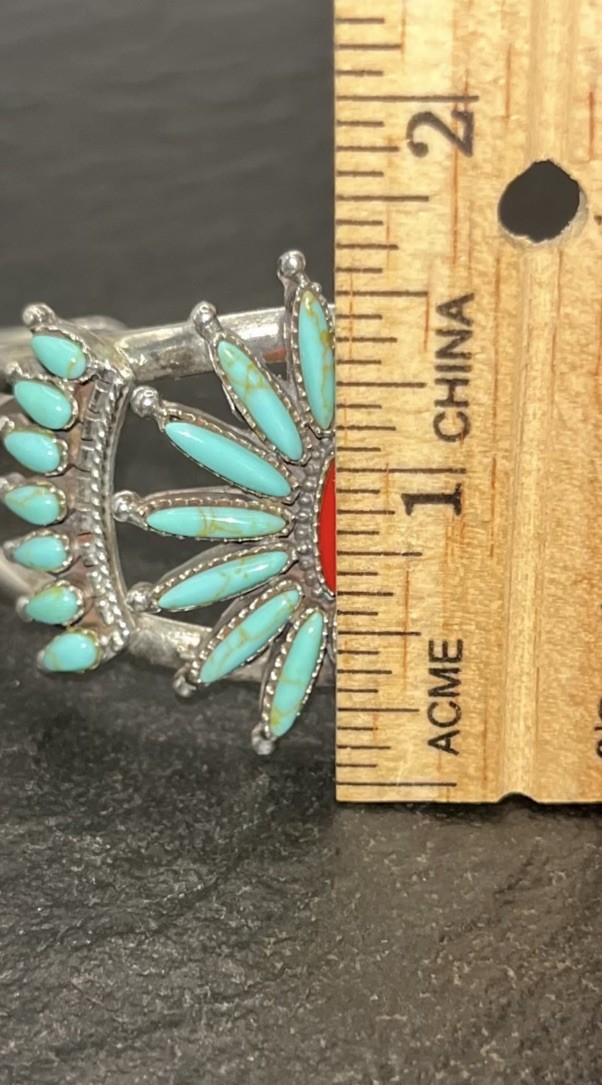Zuni Sterling Silver Coral and Turquoise Needle + Petit Point Floral Cuff