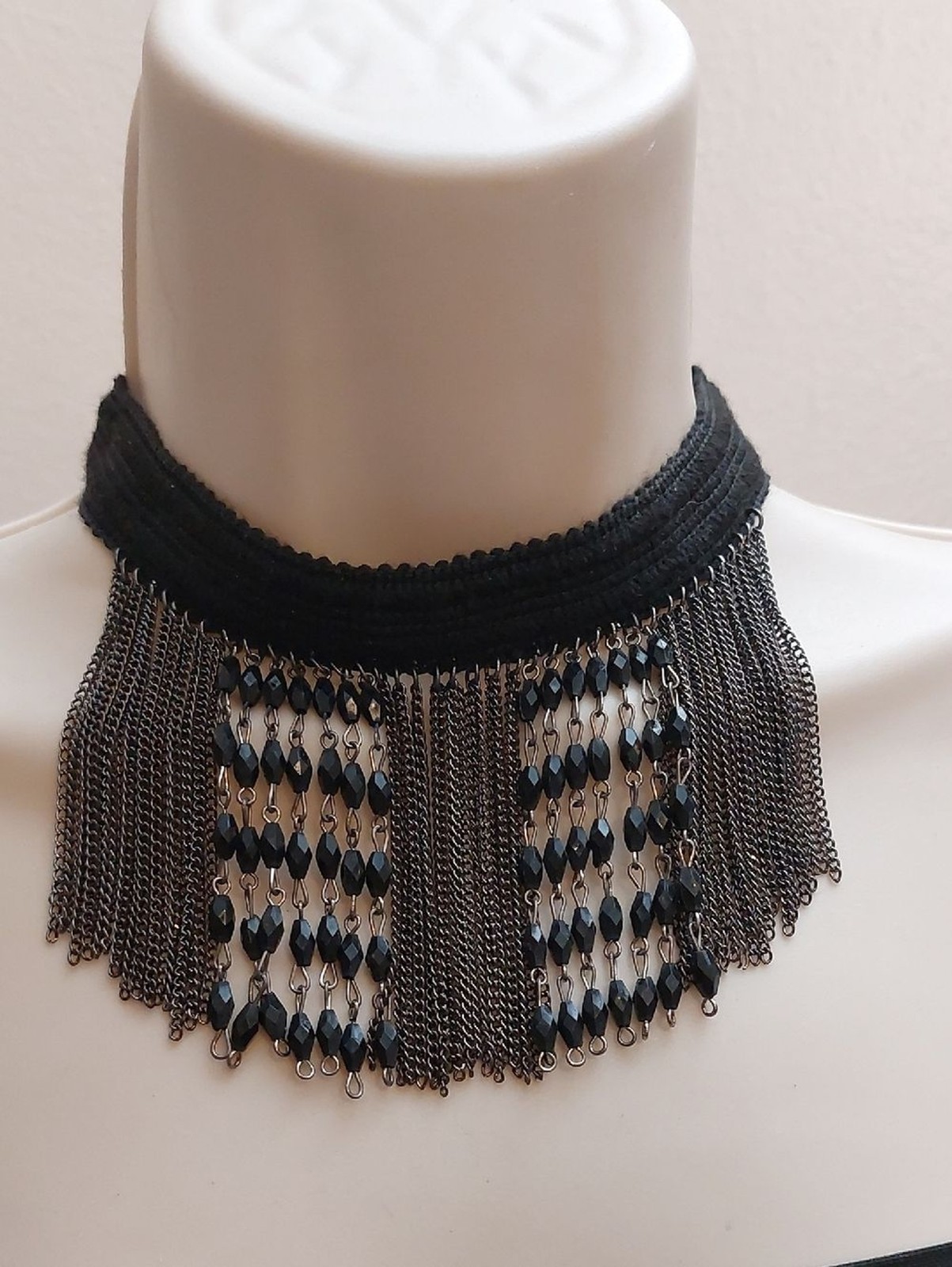 Goth Bohemian Black & Silver Beaded Chain Fringe Choker Statement Necklace