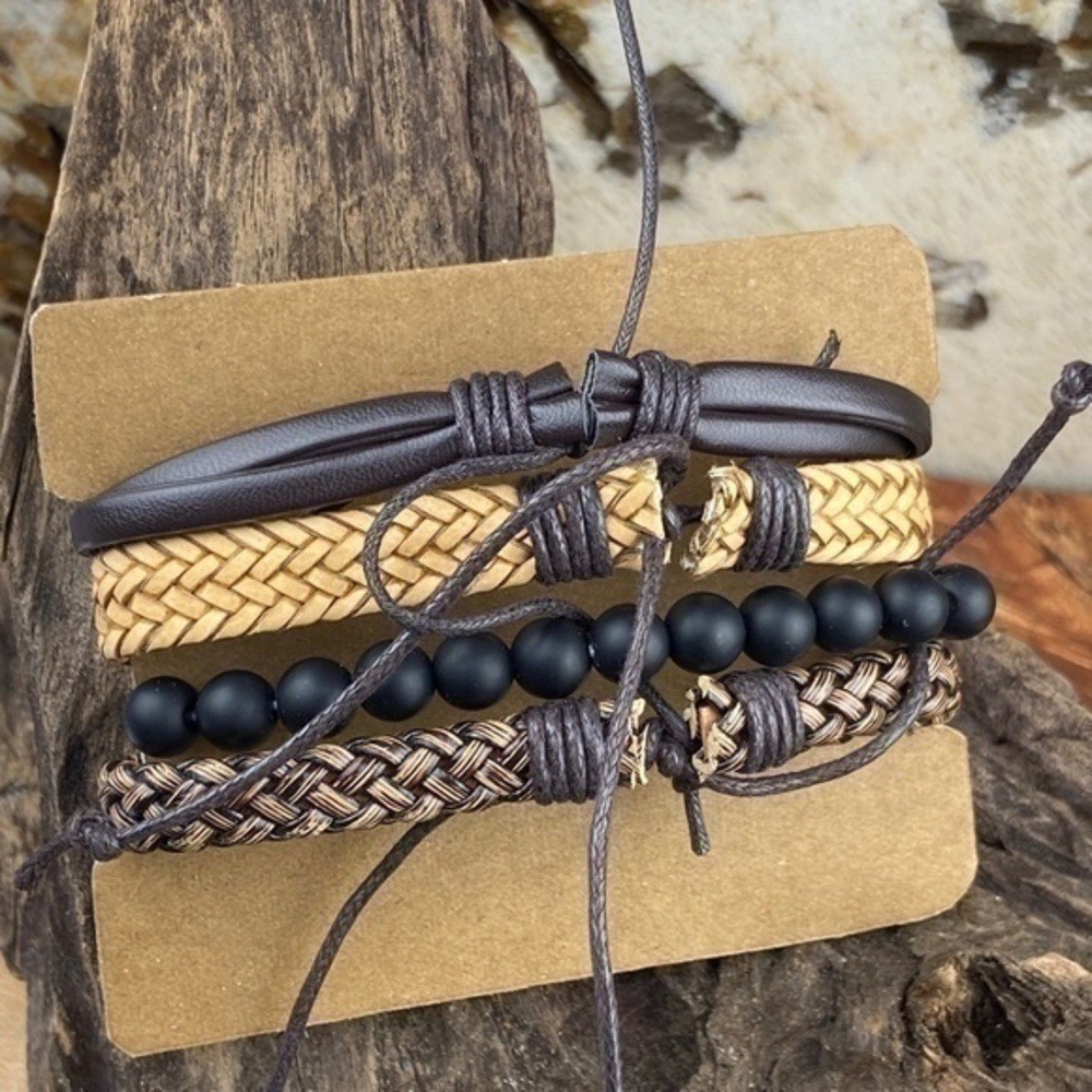 Mens Bracelets Bundle Adjustable Faux Leather and Hemp Matte Onyx Stone Beads