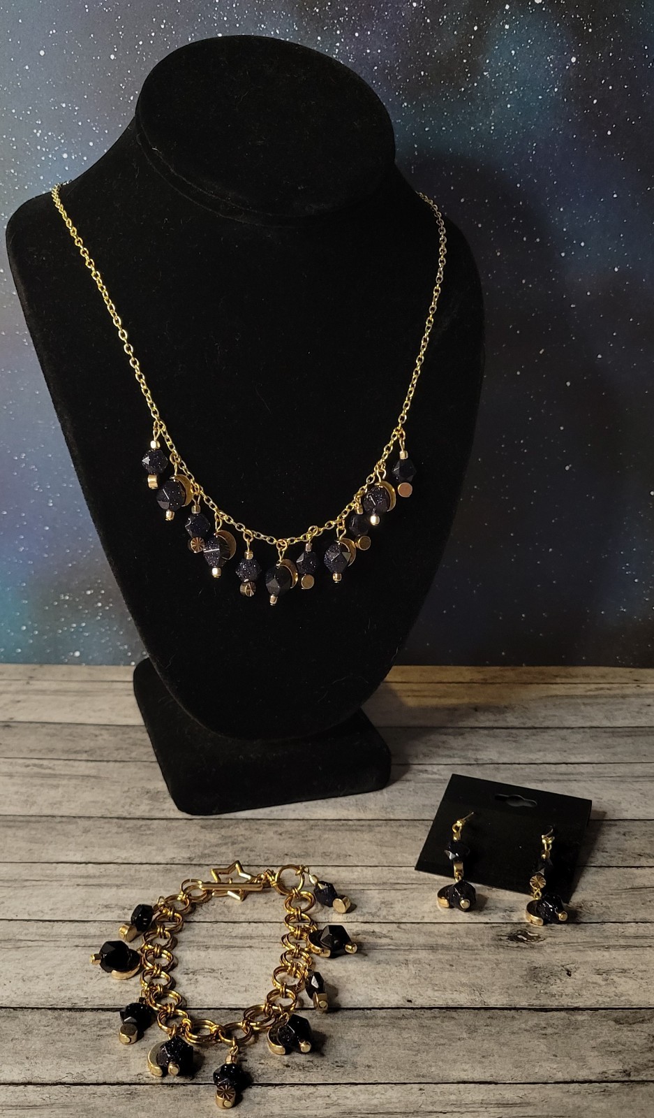 3-Piece Set made with Blue Sandstone and Gold Plated Moon Charms and Findings