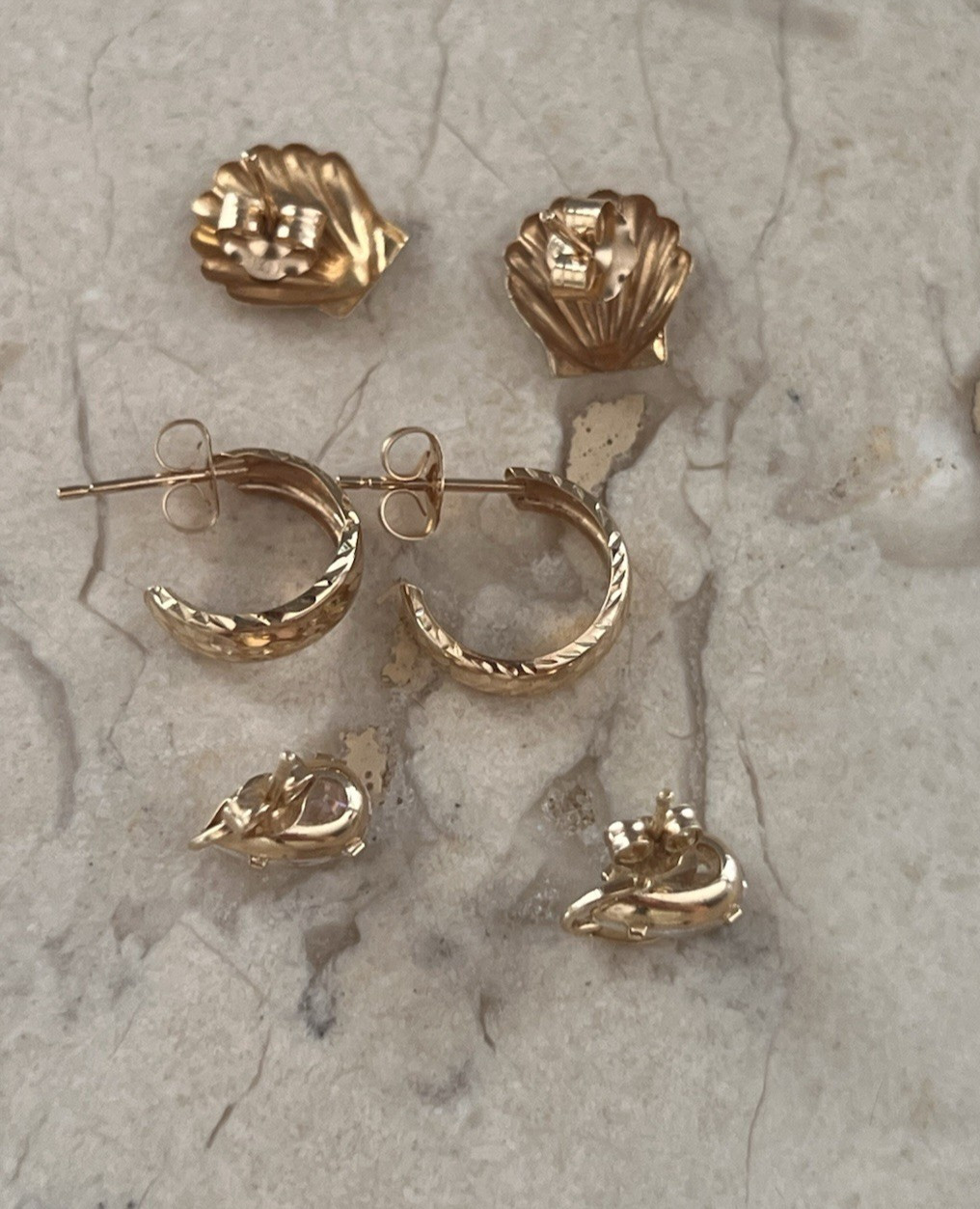 3 Pairs 14K Yellow Gold Dainty Earrings Lot Seashell Etched Hoops & AB Crystal