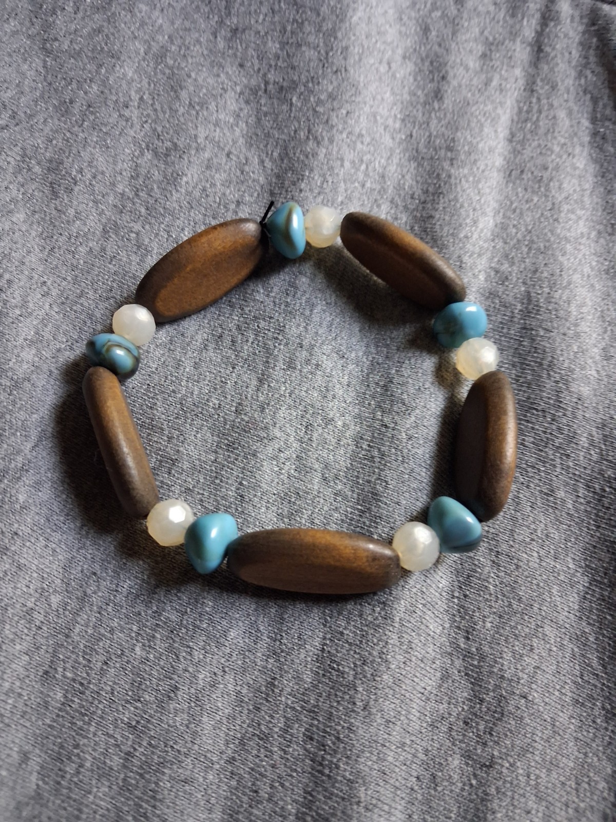 Handmade Womens Wood Beaded Blue Pale Pink Stretch Bracelet One Size Bohemian