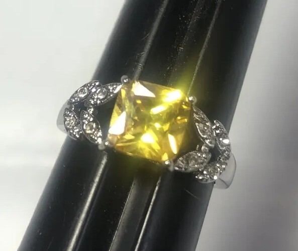 Ring Silvertone Yellow Faux Citrine Prince Cut Rhinestone Clear Accent Solitaire