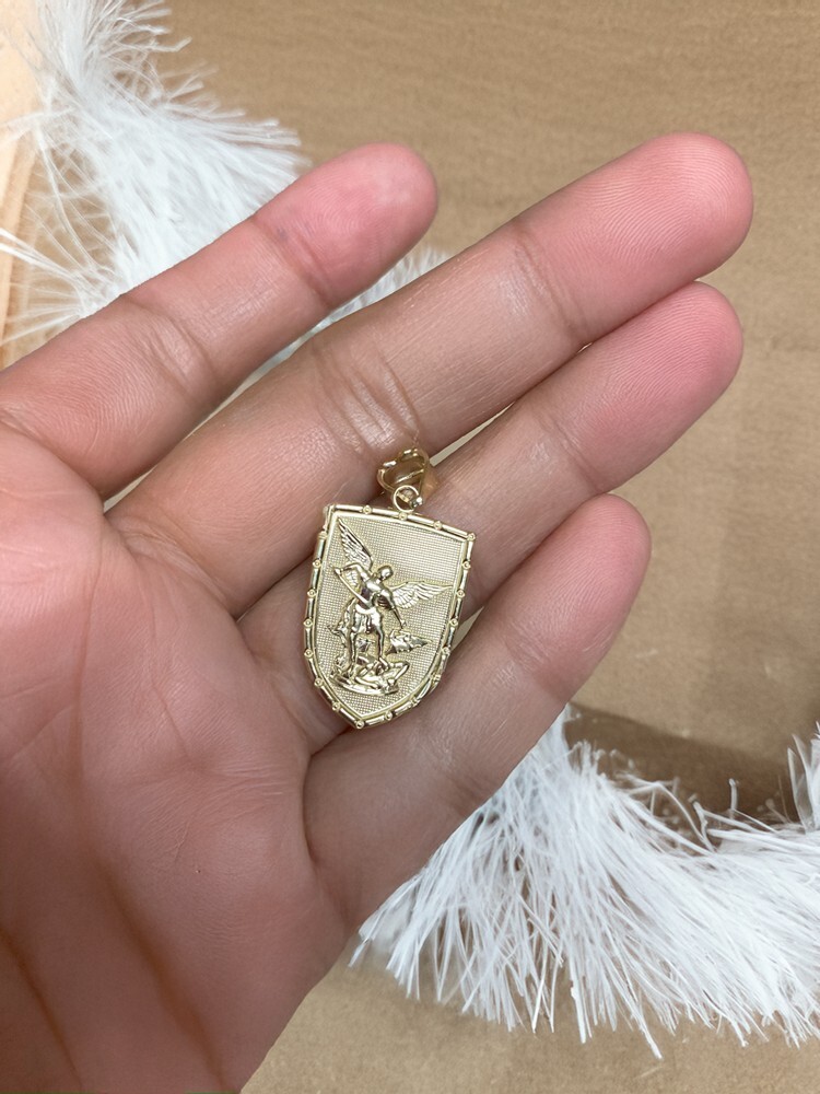 Gold St. Michael Shield Pendant Necklace | Protection Charm | 10k / 14k