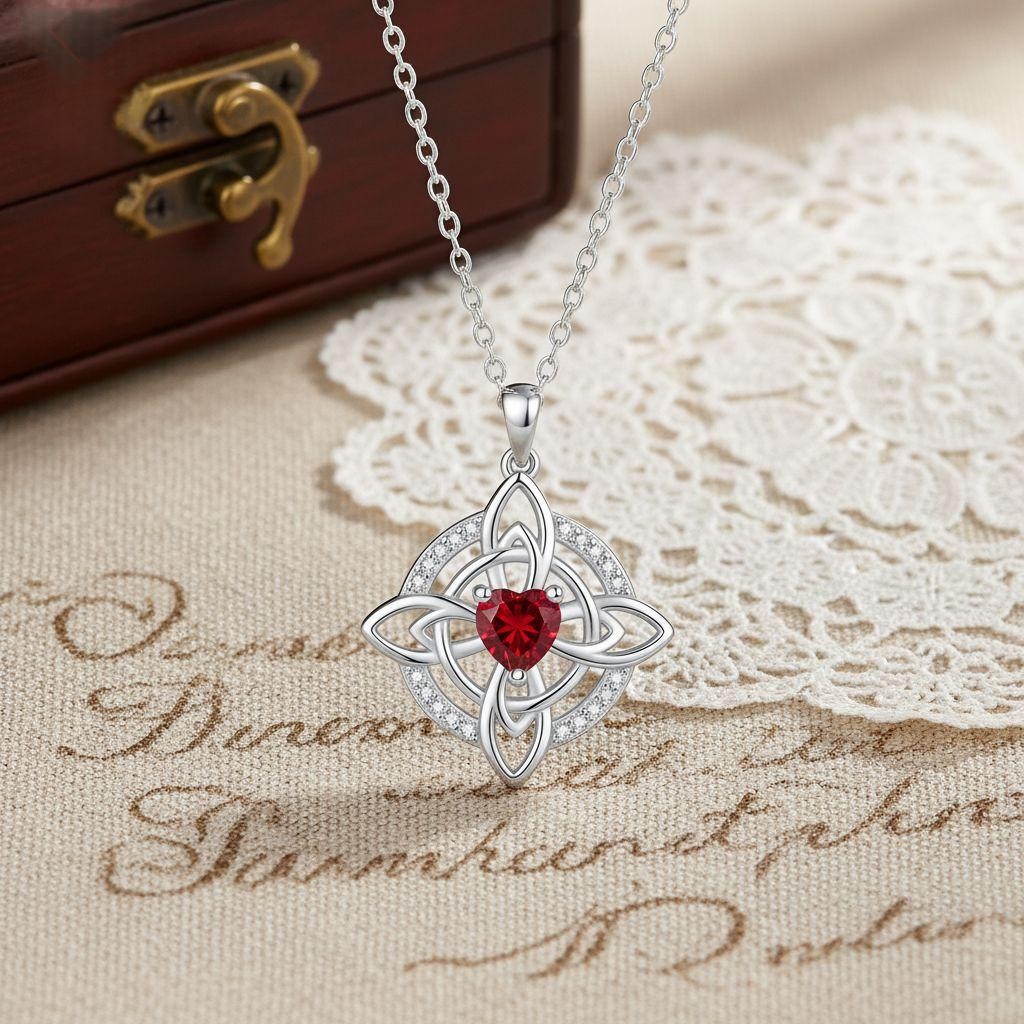 Celtic Knot Necklace Pendant Red Gem Drop Charm Silver Tone Chain for Men Women