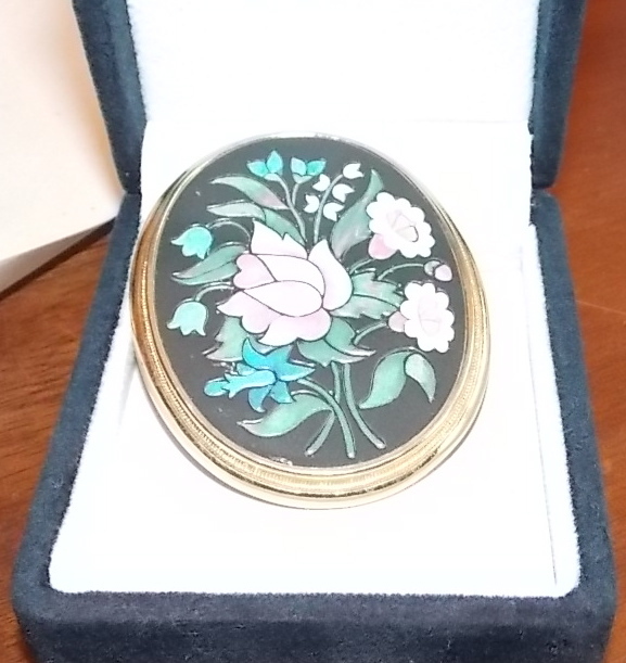 Vintage Avon Faux Pietra Dura Enamel Flower Bouquet Large Gold Pendant 12b 41
