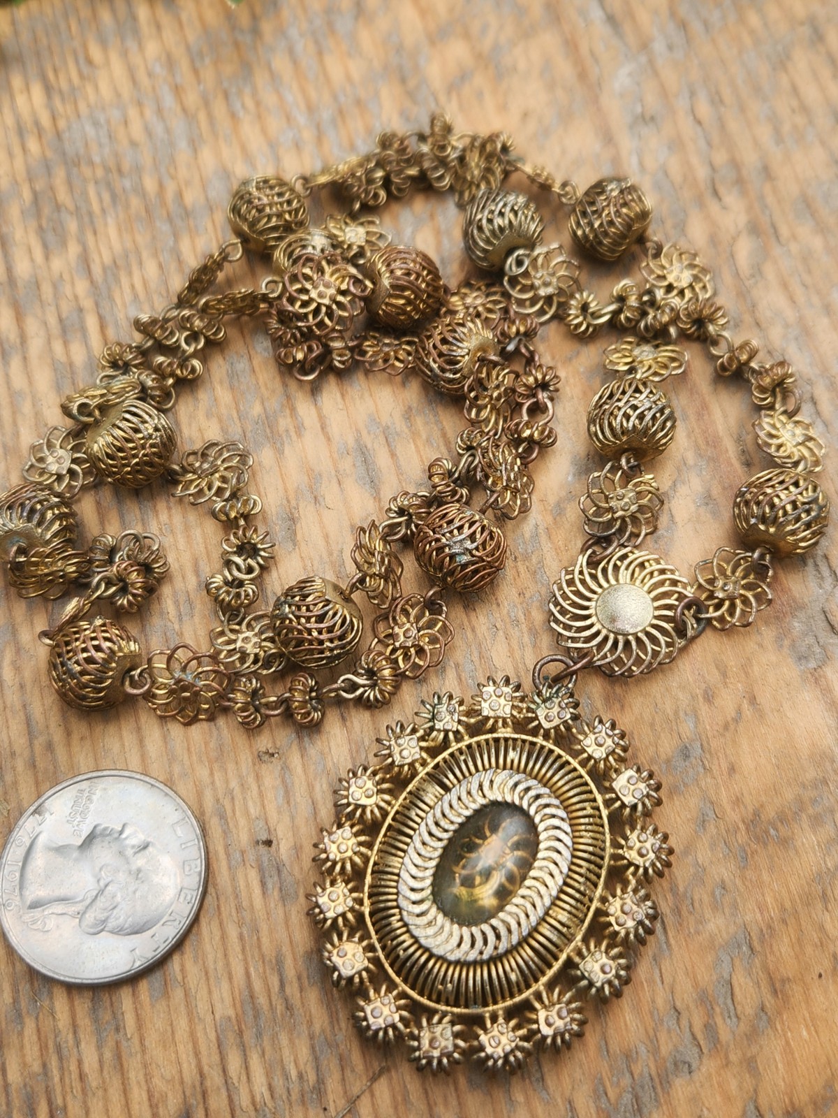 Antique Tambourine Reliquary Necklace Filigree Window Philippines Gold Gilt