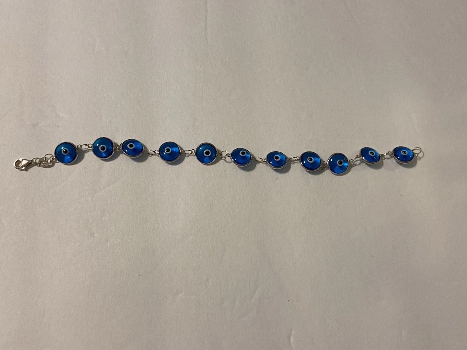 Sterling Silver 925 Greek Evil Eye Link Bracelet Lobster Clasp Beautiful Blue