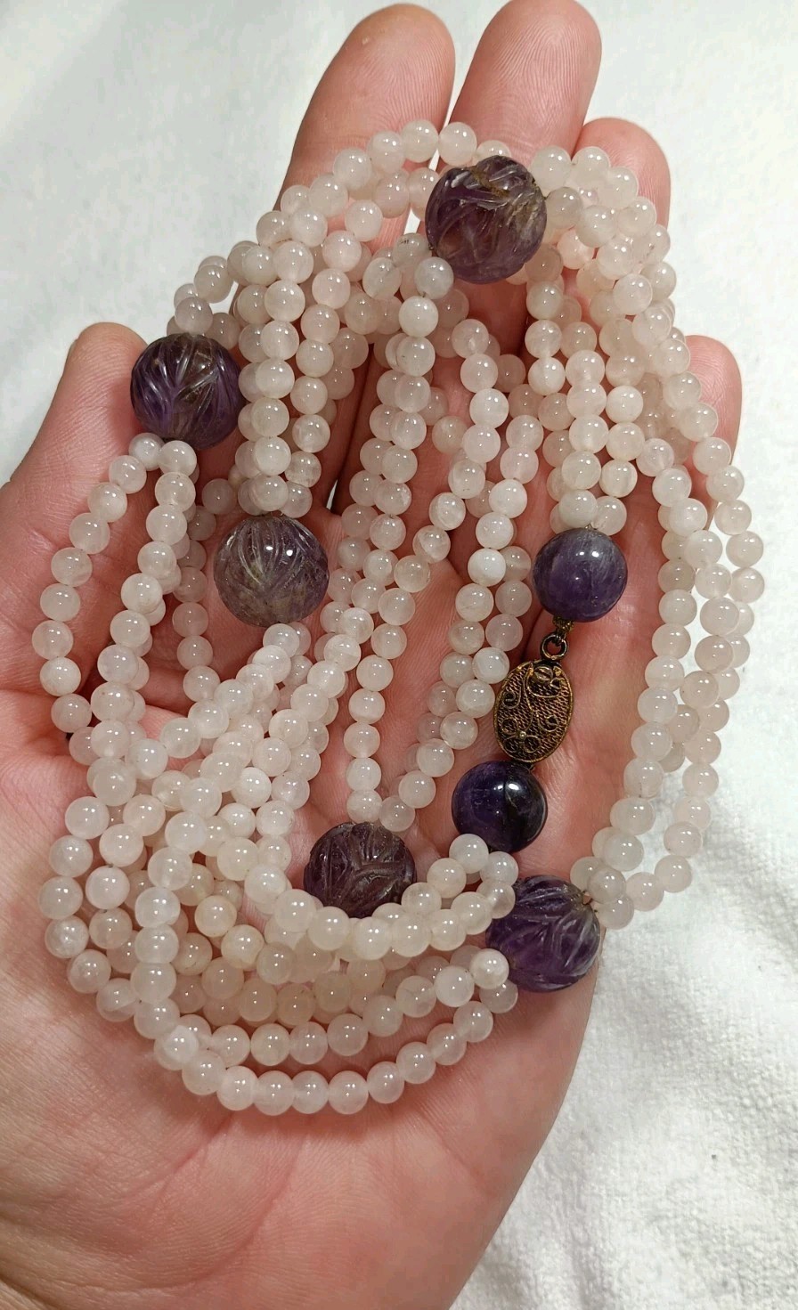 Vintage Chinese Rose Quartz Carved Amethyst Stone Beaded Necklace Silver Clasp