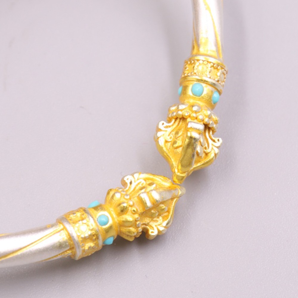 Pure S999 Fine Silver Bracelet Enamel Lucky Vajra Open Bangle 29-30g Dia:55-57mm