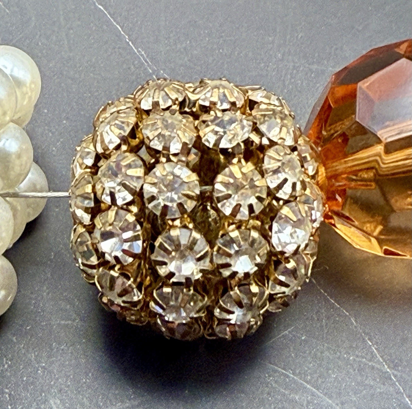 Chico’s Orange Pearl Crystal Pave Ball Chunky Statement Necklace C 1946 18-22″