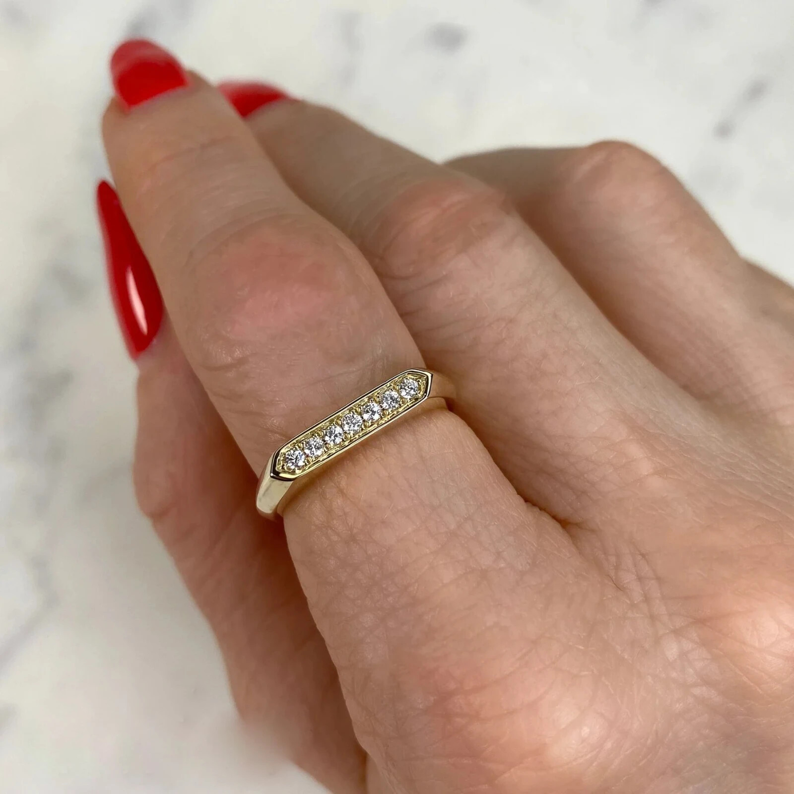 14K Yellow Gold Diamond Knife Edge Flat Band Ring 0.12 CTW Natural Round Cut