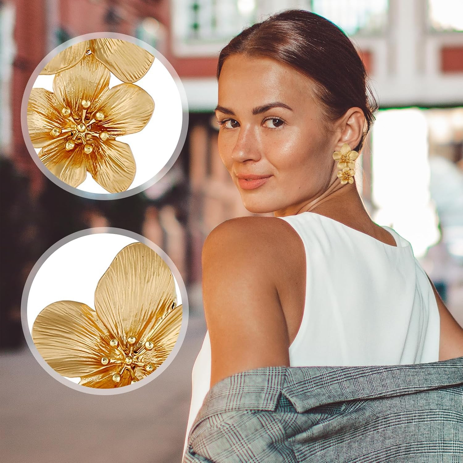Gold Flower Earrings Double Statement 7 Cm X 11 X 1.8 Cm, Gold