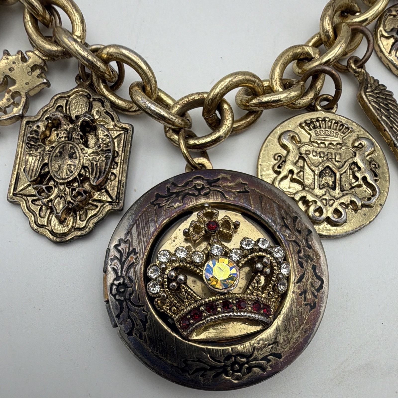 Gold Tone Cable Chain Crown Medallion Crystal Charm Necklace 20-22 inches