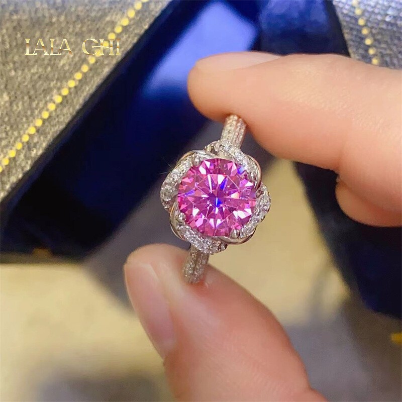 Round Pink Moissanite Women Ring Band 1CT 2CT VVS1/D Real 925 Silver Pass Tester