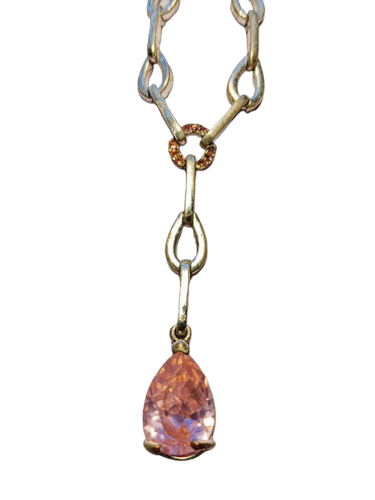 Avon Silvertone Link Y-Necklace Light Rose Pink CZ Teardrop Pendant 18″