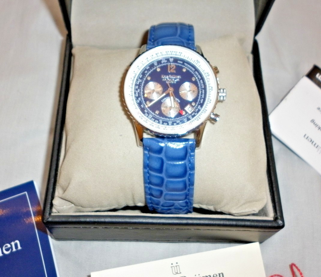 Krug Baumen Mens Air Traveller Diamond Silver – Blue Leather Watch with box
