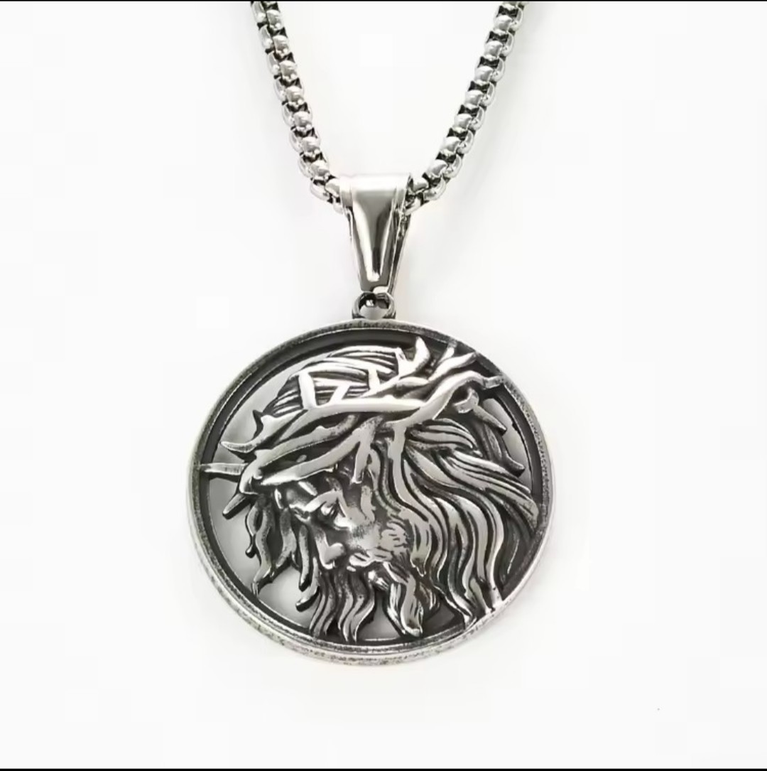 Stainless Steel Jesus Face Crown of Thorns Pendant Necklace Men’s Jewelry