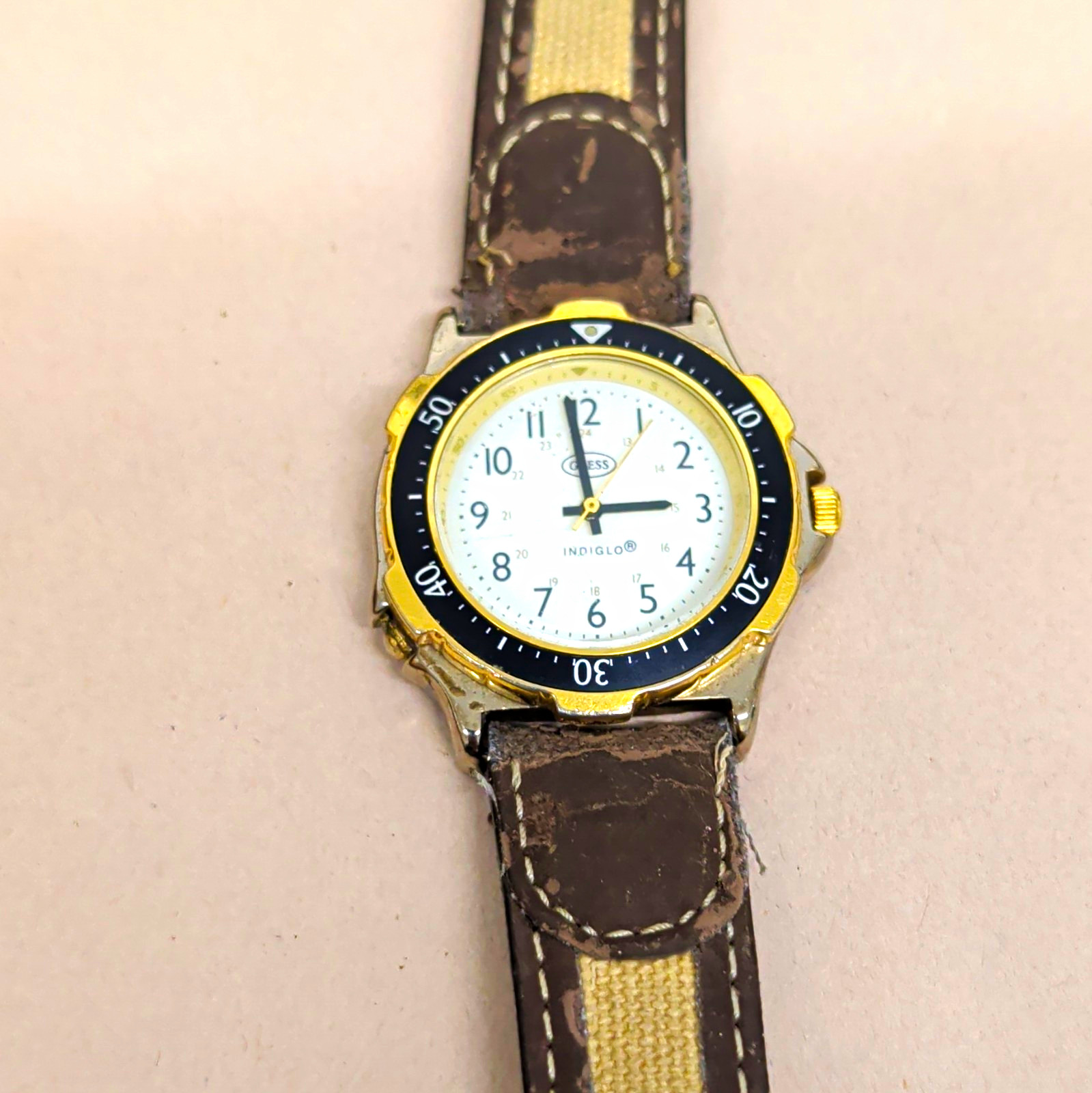 GUESS Indiglo Women’s Quartz Analog Watch White Dial Brown Leather Black/Gold