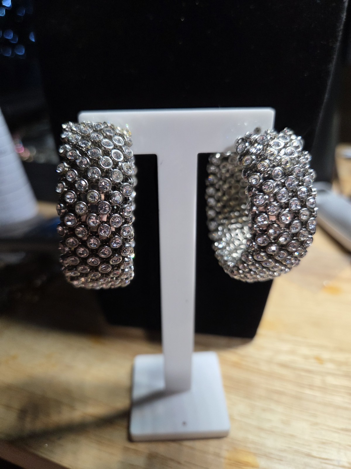 Silver Tone Clear Rhinestone Wide Hoop Earrings 2″ Sparkly Latch Back