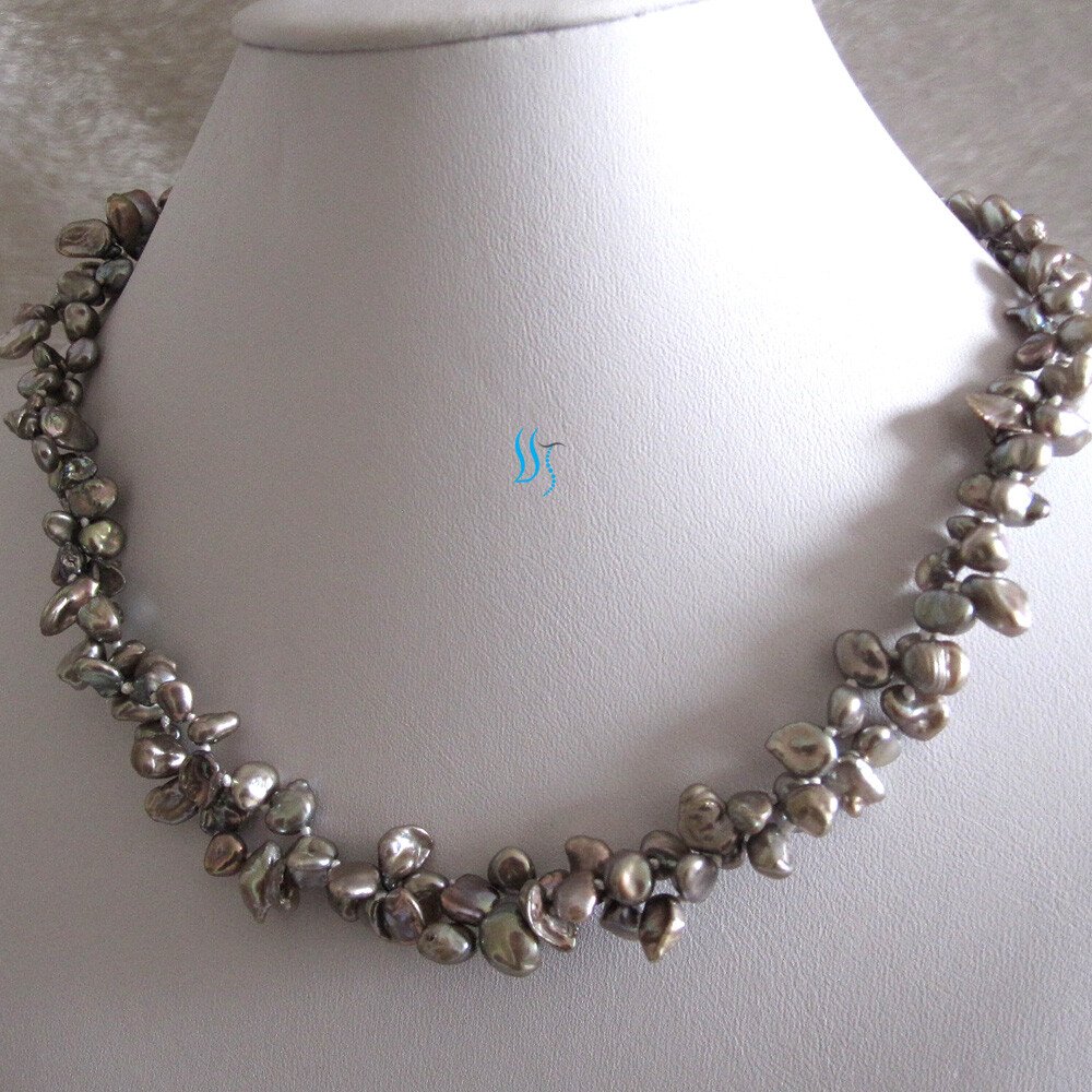 18″ 6-7mm Gray Keshi 2Row Freshwater Pearl Necklace Strand Jewelry