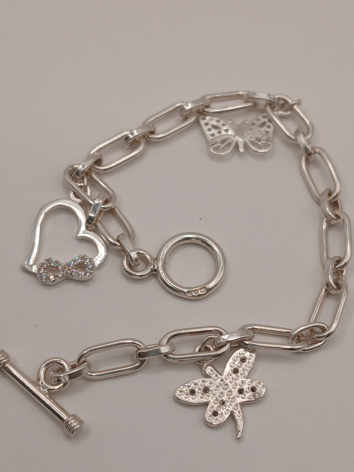 Sterling Silver 925 Link Chain Charm Bracelet Dangle Toggle 7.6-8 in