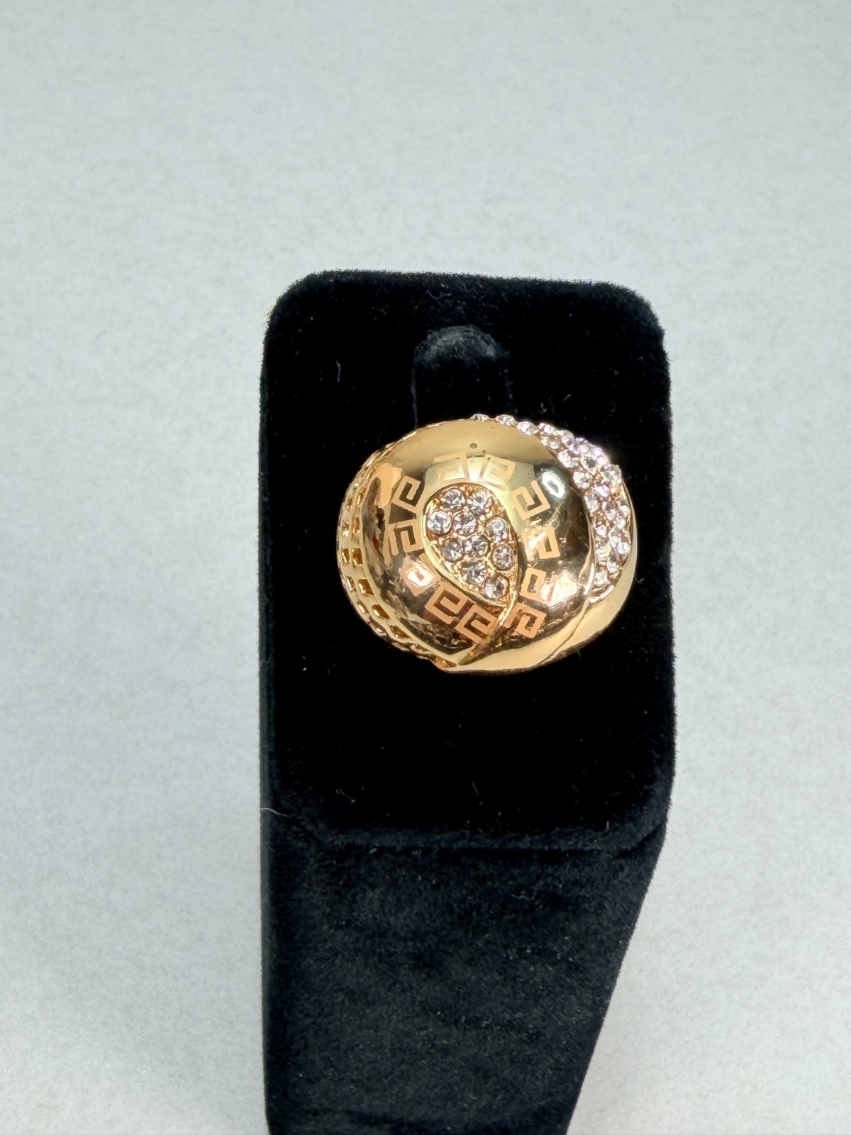 Vintage Gold Tone Greek Key Rhinestone Dome Statement Cocktail Ring