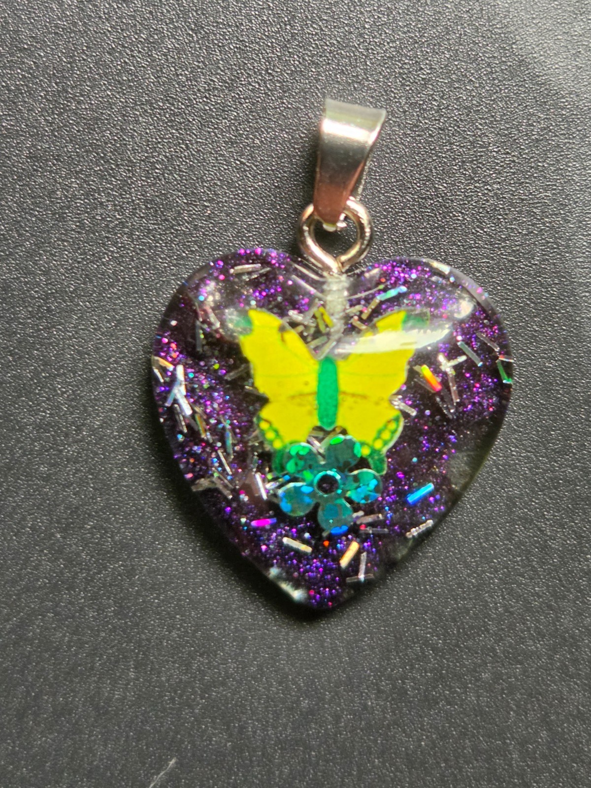 Handmade Yellow Butterfly Heart Resin Necklace Pendant Purple Glitter Floral Art